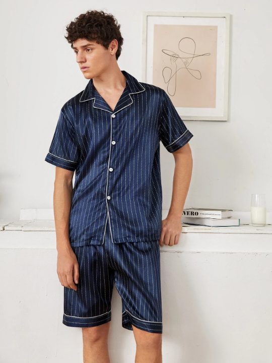 Men Vertical Striped Button Front PJ Set