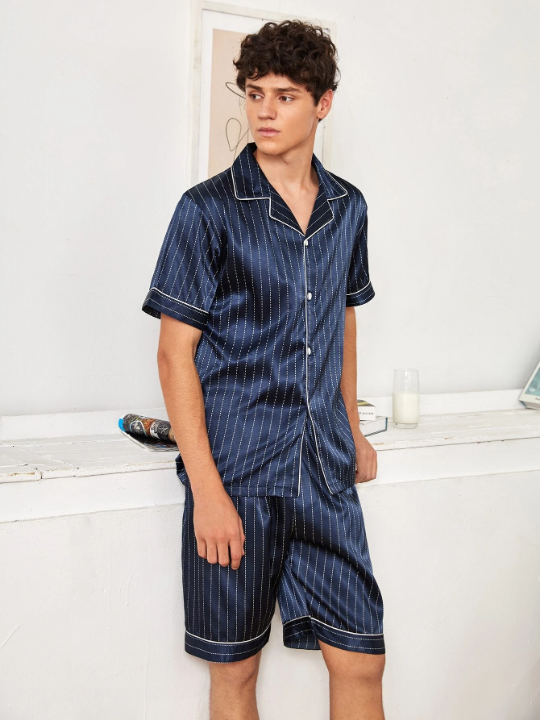 Men Vertical Striped Button Front PJ Set