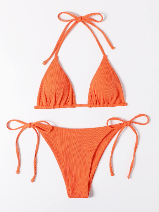 Swim Vcay Mono Bikini Set Halter Triangle Bra & Tie Side Bottom 2 Piece Swimsuit