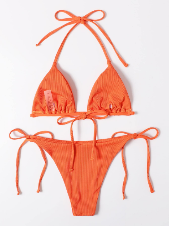 Swim Vcay Mono Bikini Set Halter Triangle Bra & Tie Side Bottom 2 Piece Swimsuit