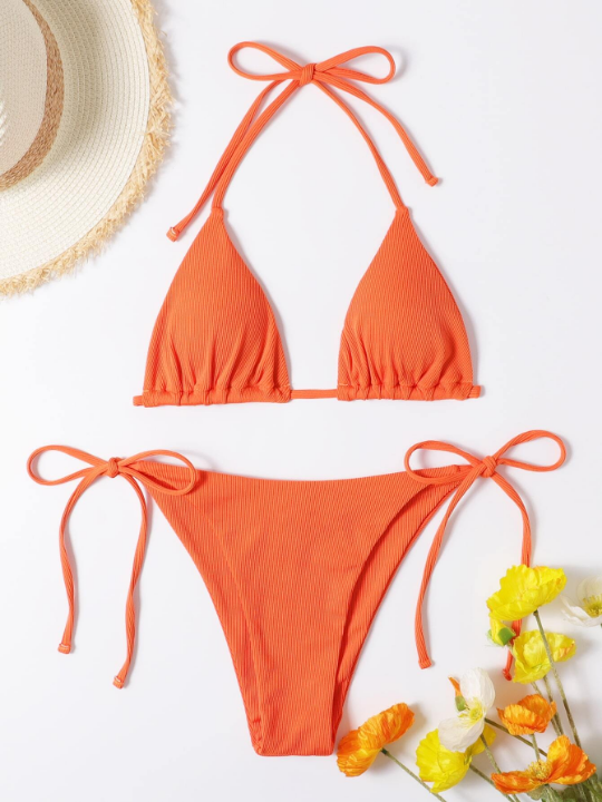 Swim Vcay Mono Bikini Set Halter Triangle Bra & Tie Side Bottom 2 Piece Swimsuit