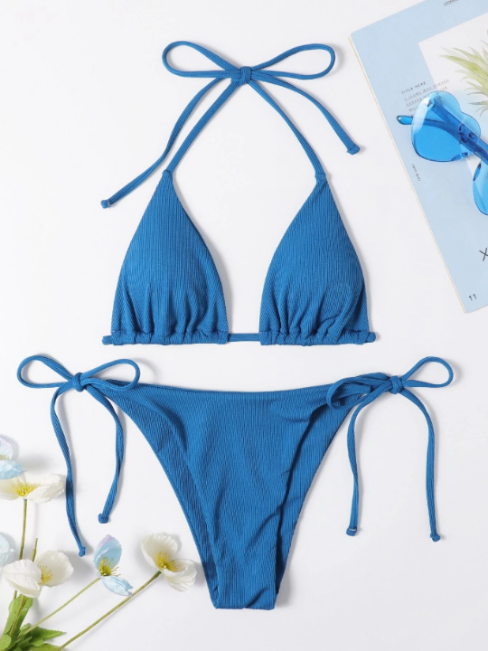 Swim Vcay Rib Halter Triangle Tie Side Bikini Swimsuit