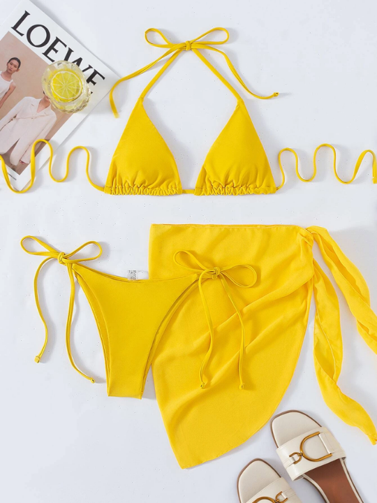 Swim Vcay Solid Bikini Set Triangle Bra & Thong Bottom & Beach Skirt 3 Piece Bathing Suit