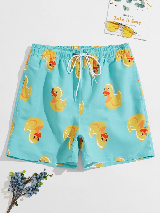 Manfinity Swimmode Men Random Cartoon Duck Print Swim Trunks