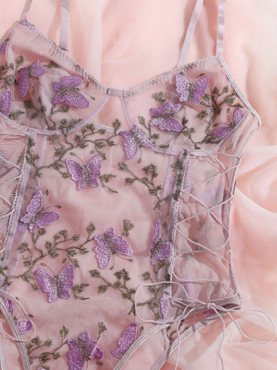 Butterfly Embroidered Mesh Teddy Bodysuit