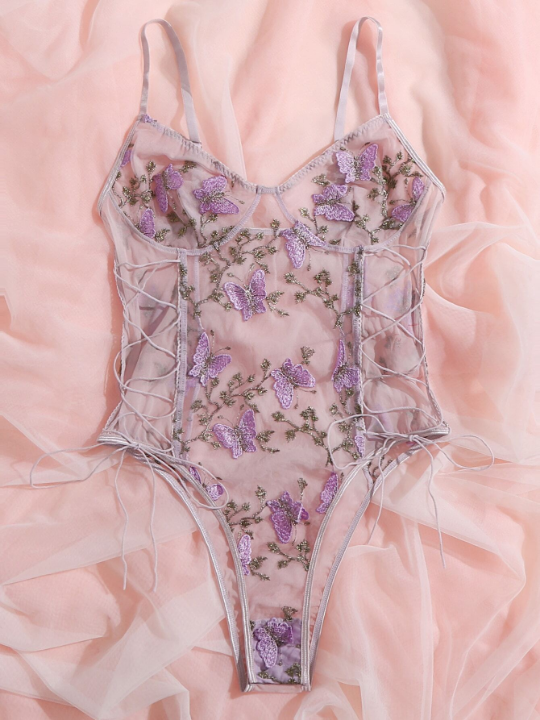 Butterfly Embroidered Mesh Teddy Bodysuit