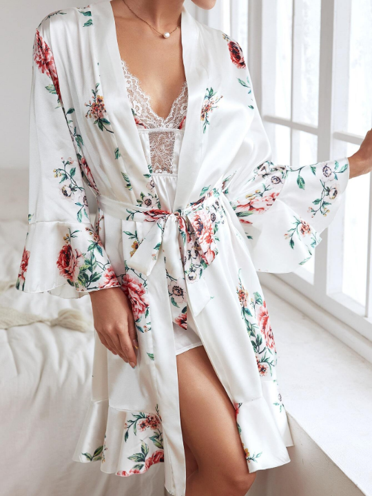 Floral Print Satin Slips With Belted Robe