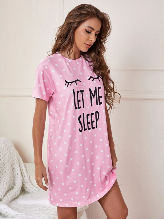 Slogan And Polka Dot Print Night Dress