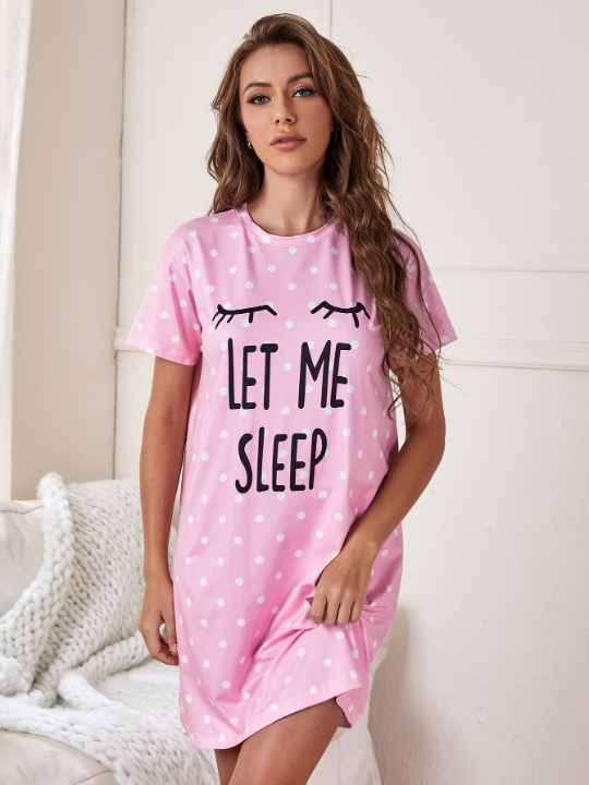 Slogan And Polka Dot Print Night Dress