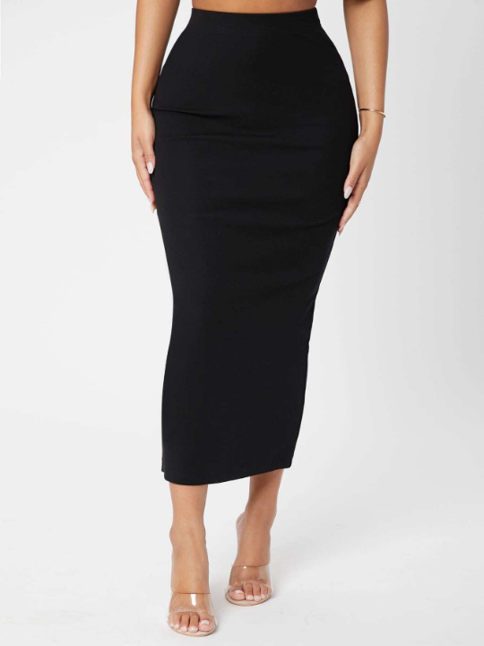 PETITE Solid Pencil Black Slim Fit Skirt