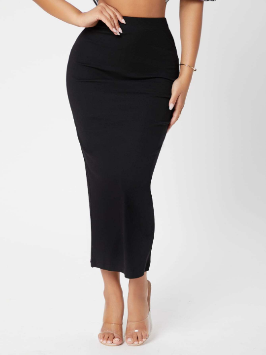 PETITE Solid Pencil Black Slim Fit Skirt