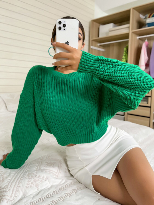 Frenchy Solid Ribbed Knit Drop Shoulder Sweater