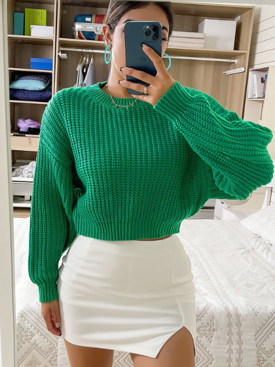 Frenchy Solid Ribbed Knit Drop Shoulder Sweater