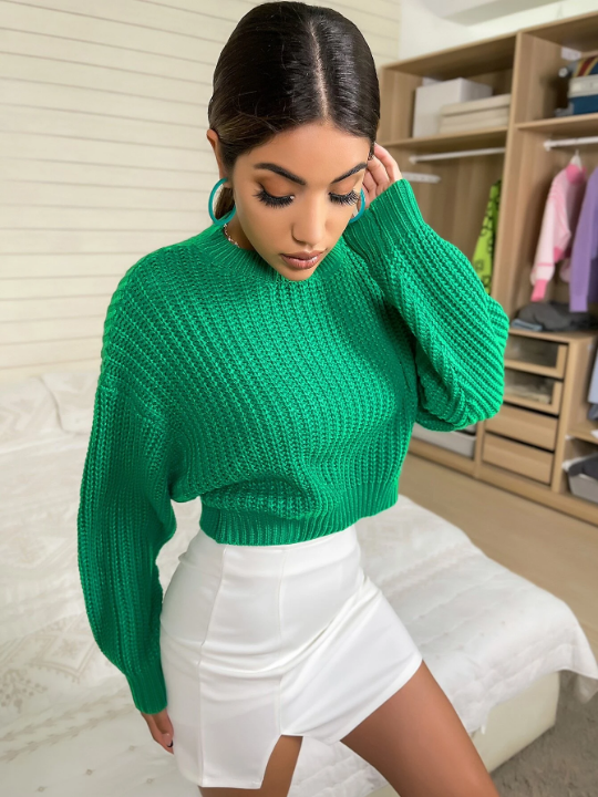 Frenchy Solid Ribbed Knit Drop Shoulder Sweater