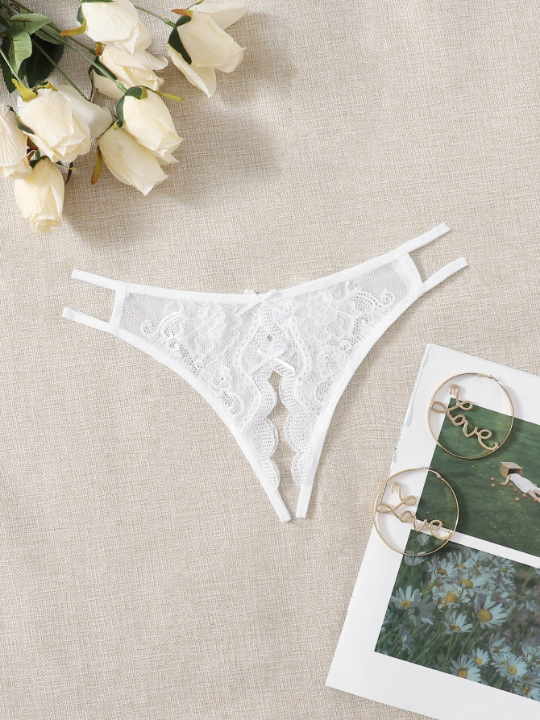 Classic Sexy Floral Lace Bow Decor Crotchless Panty