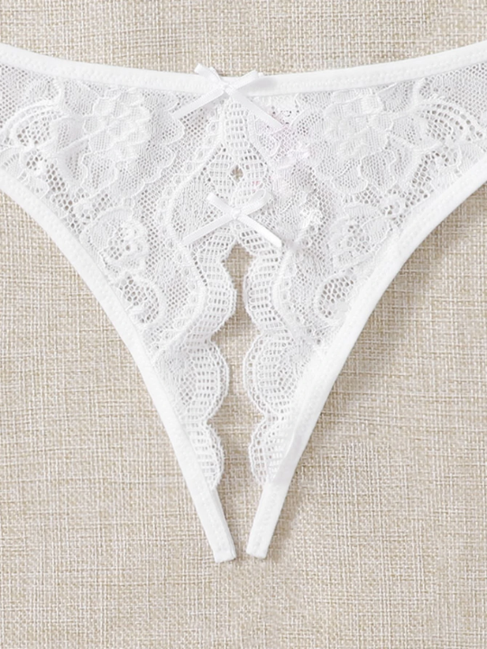 Classic Sexy Floral Lace Bow Decor Crotchless Panty