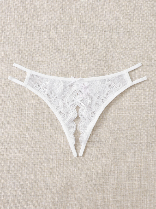 Classic Sexy Floral Lace Bow Decor Crotchless Panty