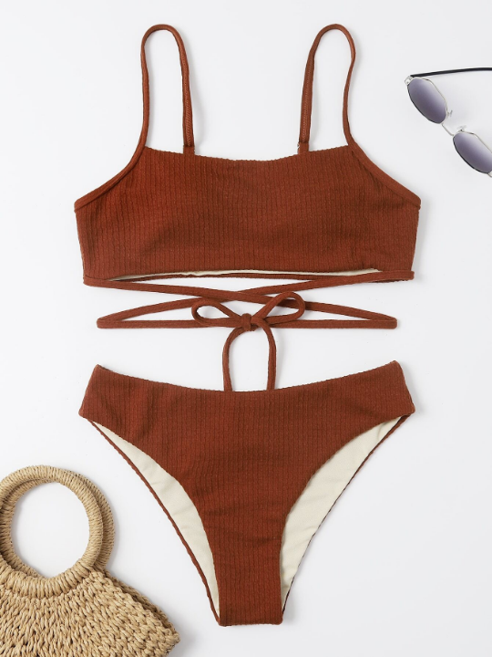 Swim Basics Textured Bikini Set Crisscross Tie Back Wireless Bra Top & Hipster Bikini Bottom 2 Piece Swimsuit