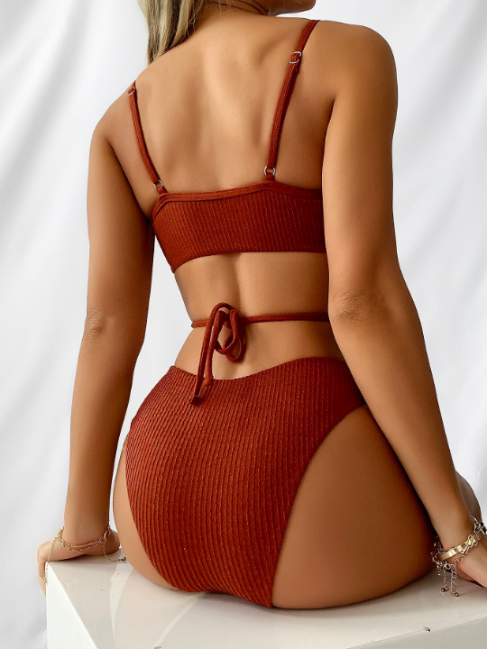 Swim Basics Textured Bikini Set Crisscross Tie Back Wireless Bra Top & Hipster Bikini Bottom 2 Piece Swimsuit