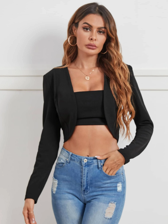 Priv Solid Open Front Crop Black Jacket