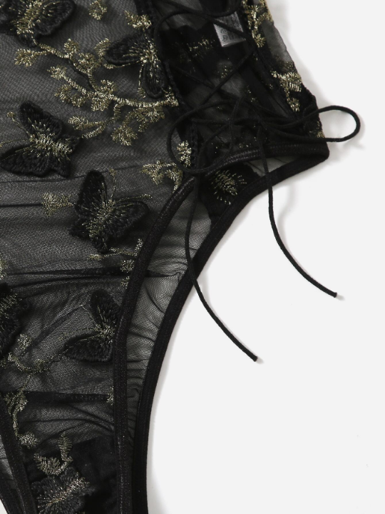 Embroidered Mesh Lace-up Teddy Bodysuit