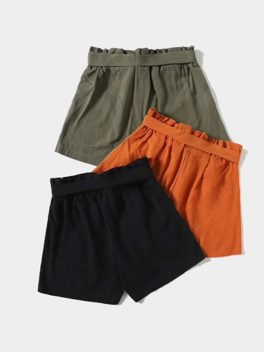 3pcs Slant Pocket Paperbag Waist Shorts