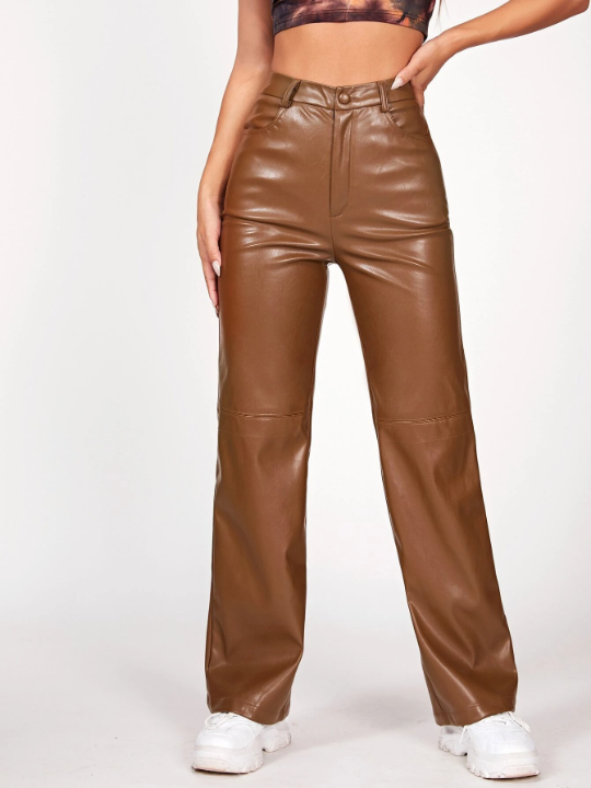 PETITE Solid PU Leather Straight Leg Pants