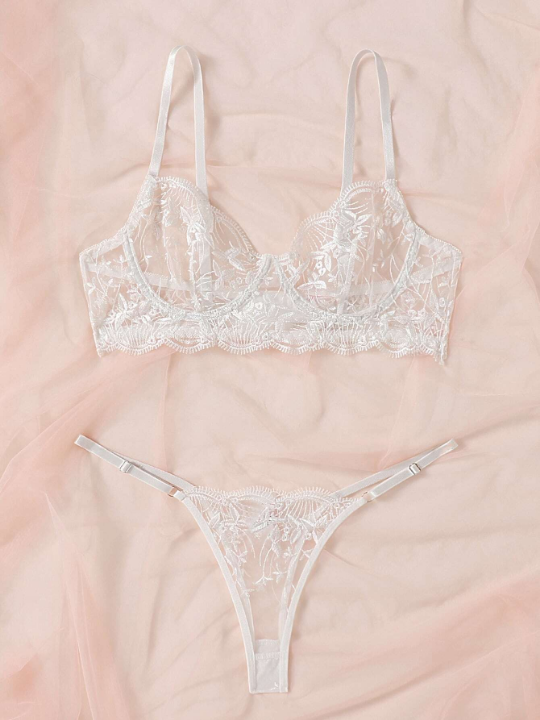 Classic Sexy Embroidered Mesh Underwire Lingerie Set