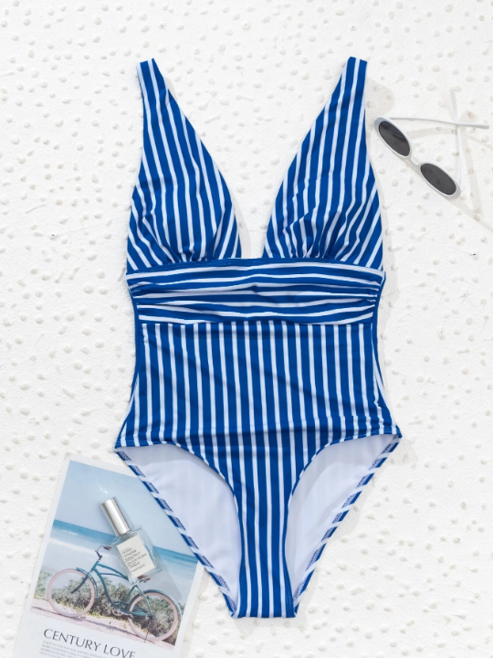 Swim Vcay Striped Ruched Plunging One Piece Swimsuit