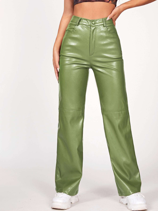 PETITE Solid PU Leather Straight Leg Pants