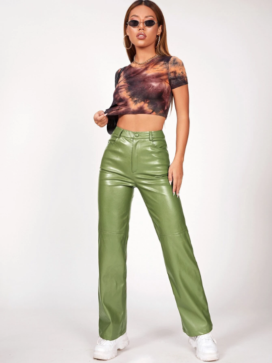 PETITE Solid PU Leather Straight Leg Pants