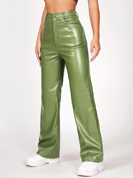 PETITE Solid PU Leather Straight Leg Pants