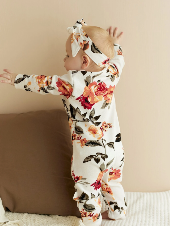 Baby Girl Floral Print Jumpsuit & Headband