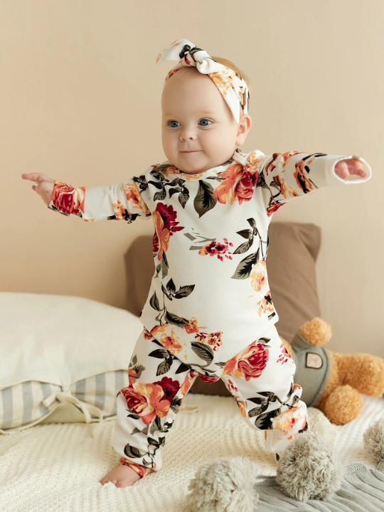 Baby Girl Floral Print Jumpsuit & Headband