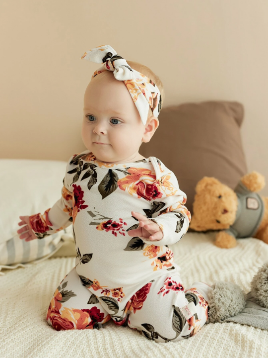 Baby Girl Floral Print Jumpsuit & Headband