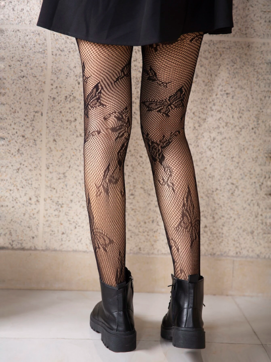 1 Pair Women's Sexy Fishnet Tights With Butterfly & Flower Pattern, Streetwear Leggings