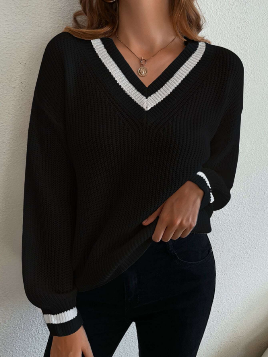 Frenchy Ribbed Knit Drop Shoulder Cricket Sweater