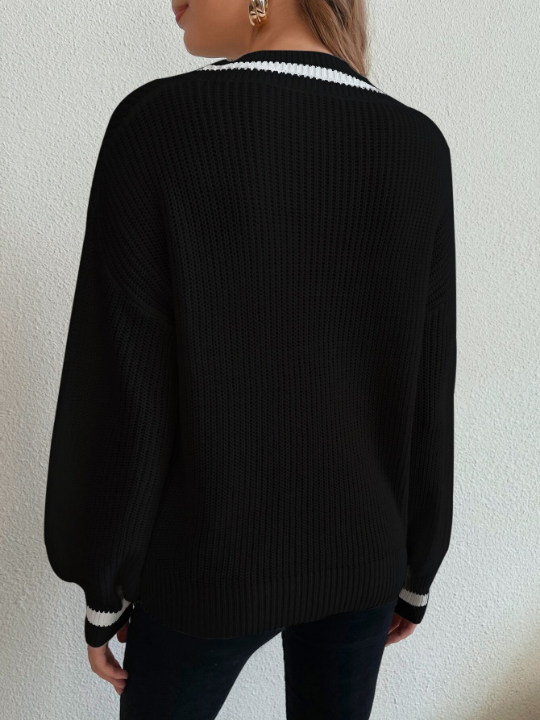 Frenchy Ribbed Knit Drop Shoulder Cricket Sweater