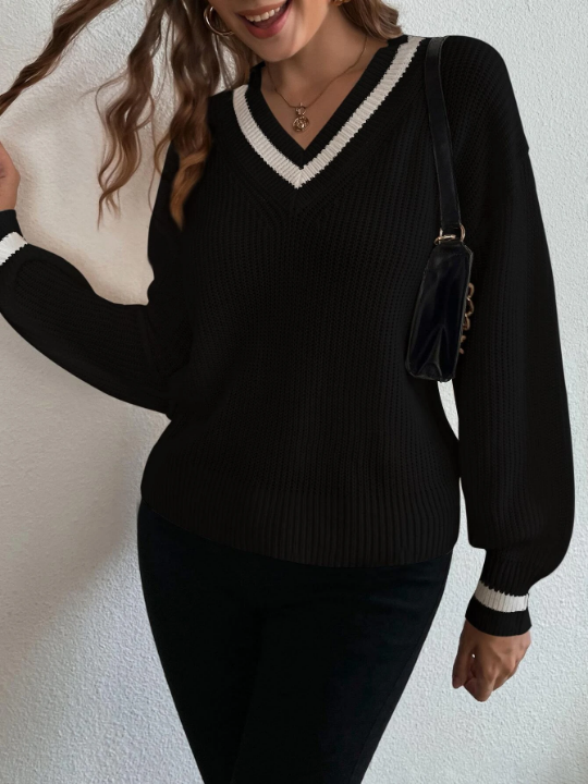 Frenchy Ribbed Knit Drop Shoulder Cricket Sweater