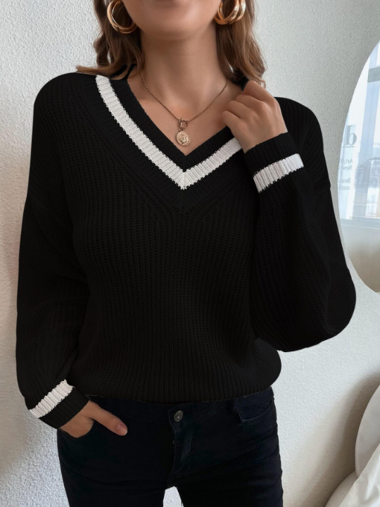 Frenchy Ribbed Knit Drop Shoulder Cricket Sweater