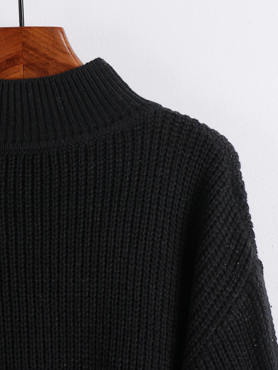 LUNE Solid Ribbed Knit Drop Shoulder Sweater