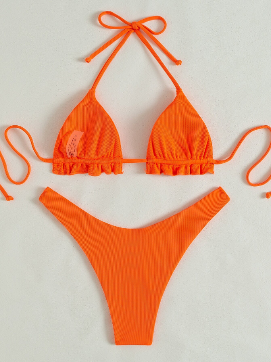 Swim Vcay Neon Orange Ribbed Bikini Set Frill Trim Halter Triangle Bra Top & High Cut Bikini Bottom 2 Piece Swimsuit