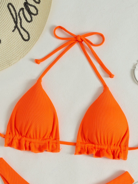 Swim Vcay Neon Orange Ribbed Bikini Set Frill Trim Halter Triangle Bra Top & High Cut Bikini Bottom 2 Piece Swimsuit