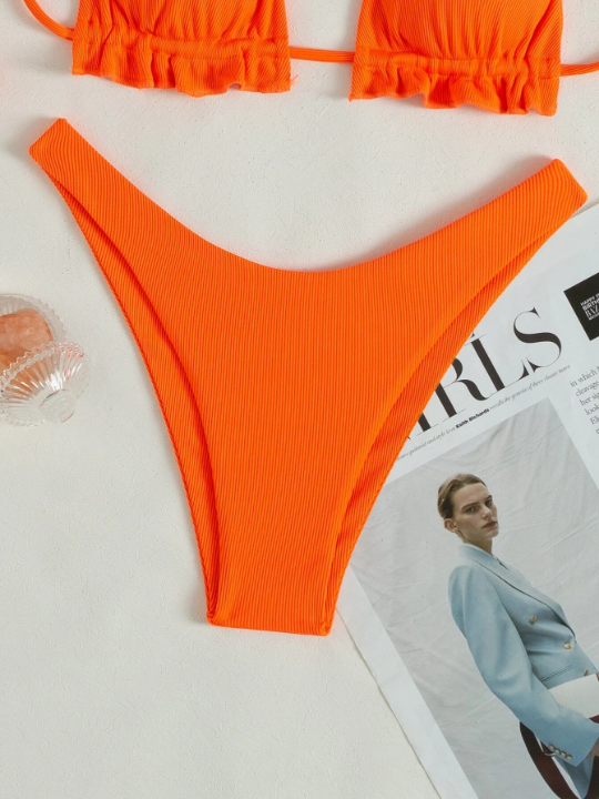 Swim Vcay Neon Orange Ribbed Bikini Set Frill Trim Halter Triangle Bra Top & High Cut Bikini Bottom 2 Piece Swimsuit