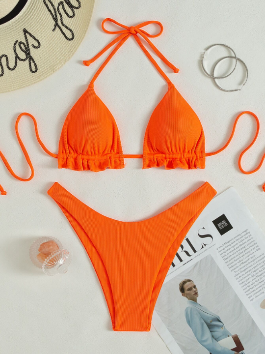 Swim Vcay Neon Orange Ribbed Bikini Set Frill Trim Halter Triangle Bra Top & High Cut Bikini Bottom 2 Piece Swimsuit