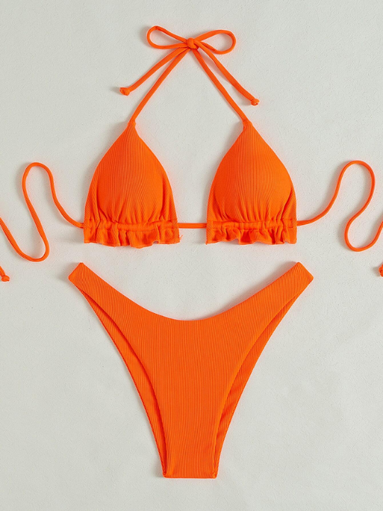 Swim Vcay Neon Orange Ribbed Bikini Set Frill Trim Halter Triangle Bra Top & High Cut Bikini Bottom 2 Piece Swimsuit