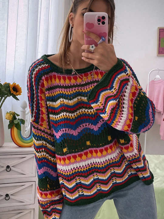 Chevron Pattern Open Knit Colorblock Drop Shoulder Sweater