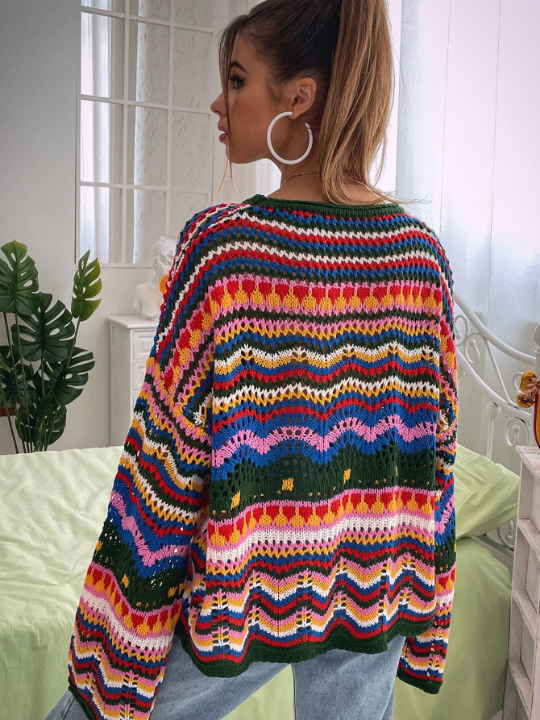 Chevron Pattern Open Knit Colorblock Drop Shoulder Sweater