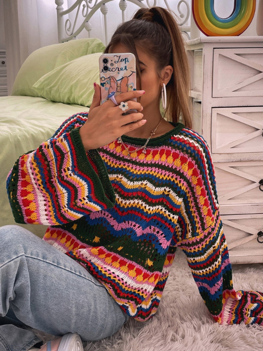 Chevron Pattern Open Knit Colorblock Drop Shoulder Sweater