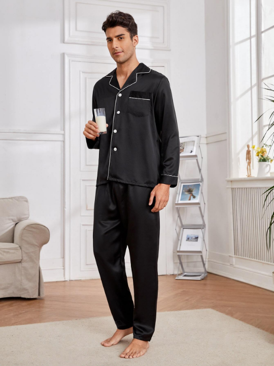 Men Pocket Front Contrast Piping Satin PJ Set